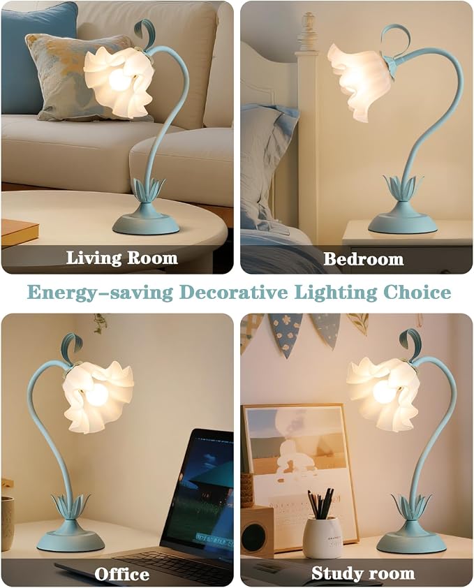 WERFOP Flower Table Lamp, LED Reading Light Vintage Bedside Table Lamp with 3 Color Modes for Nightstand, Kawaii Decoration for Home Bedroom Living Room (Blue)