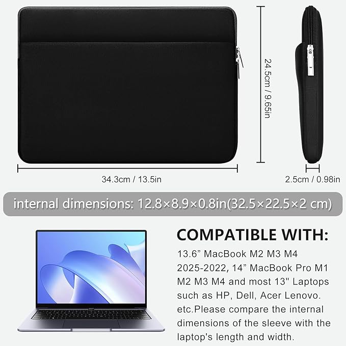 13 Inch Laptop Sleeve Portable Carrying Case with Front Pocket Padded Computer Pouch Cover Compatible with MacBook Air 13.6 Inch M4 M3 M2 2025-2022, 14 Inch MacBook Pro M4 M3 M2 M1, Black