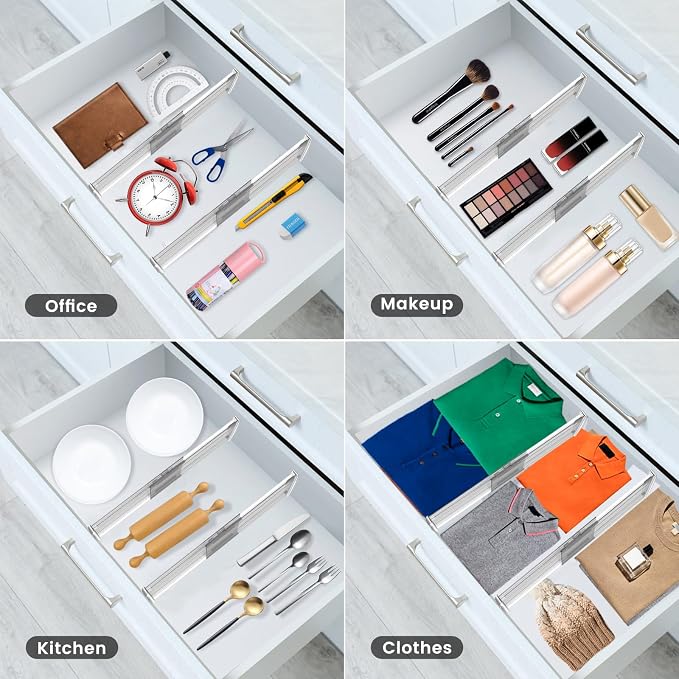 8 Pack Adjustable Drawer Dividers for Clothes,6" High Expandable From 12-20" Clear Drawer Organizers, PC Plastic Separators for Dresser/Bedroom/Bathroom/Kitchen/Office Storage