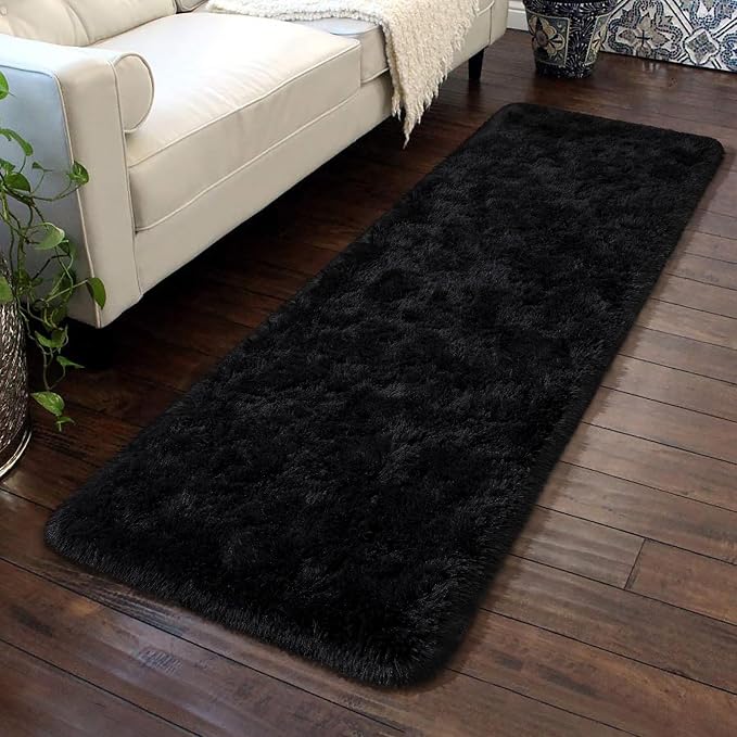 HOMORE 2x8 Runner Rugs for Bedroom, Black Runner Rug for Hallway Entryway Laundry, Modern Shag Bedroom Runner Cute Carpets for Kids Dorm Bedside