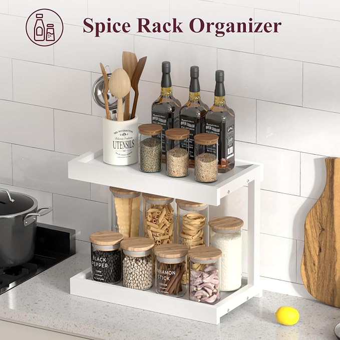 MARTY Counter Shelf Organizer, Large Spice Rack for Countertop, White | 2 Tier Serving Tray, 15.75"x8.9"x14.4" Large Display Stand, Coffee Bar/Station Organizer for Mugs Cups, for Kitchen Pantry