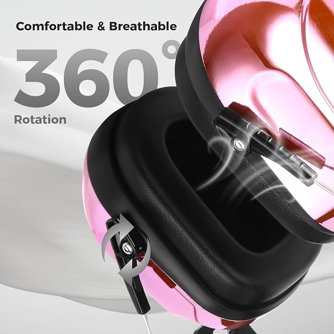 ProCase NRR 28dB Noise Reduction Ear Muffs, Foldable Adjustable Passive Noise Cancelling Headphones for Adults Kids Autism, Hearing Protection for Shooting, Construction, Mowing -Metalic Pink