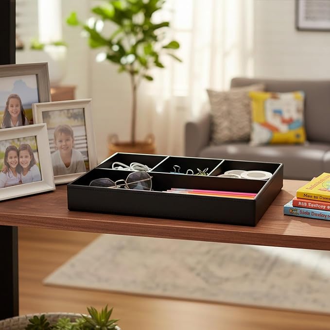 UnionBasic Flat 4-Slot Leather Desk Drawer Tray Stationery Sundries Gadget Organizer Storage Box Pen Pencil Holder Case Container (Black)