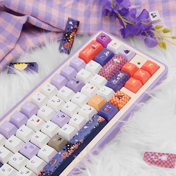 Cute Keycaps, Cherry Profile PBT Keycaps 130 Keys Dye-Sublimation Custom Keycap Set for 61/64/68/84/87/100/104/108 Cherry Gateron MX Switches Gaming Mechanical Keyboard Halloween Themed
