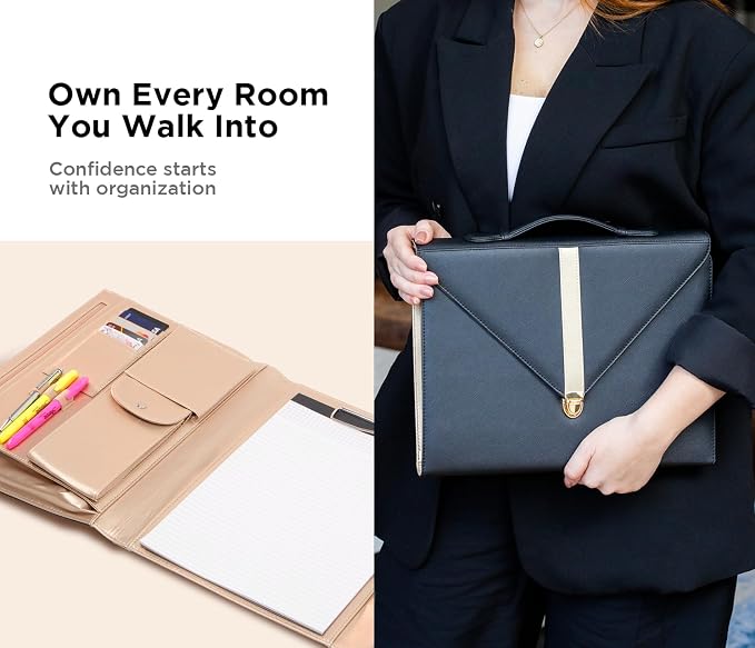 Padfolio for Women, High-Quality Thick PU Leather Waterproof, Portfolio Binder, w/a Varierity of Organizers, Sleek Portfolio, Includes A Notepad and A Pencil Case, Leather Portfolio, Black