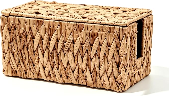 Cable Management Box, Small Cord Organizer Box for Power Strip | Handwoven Water Hyacinth Storage Basket with Metal Frame, Decorative Cable Organizer for Desk, Office, Living Room & Bedroom