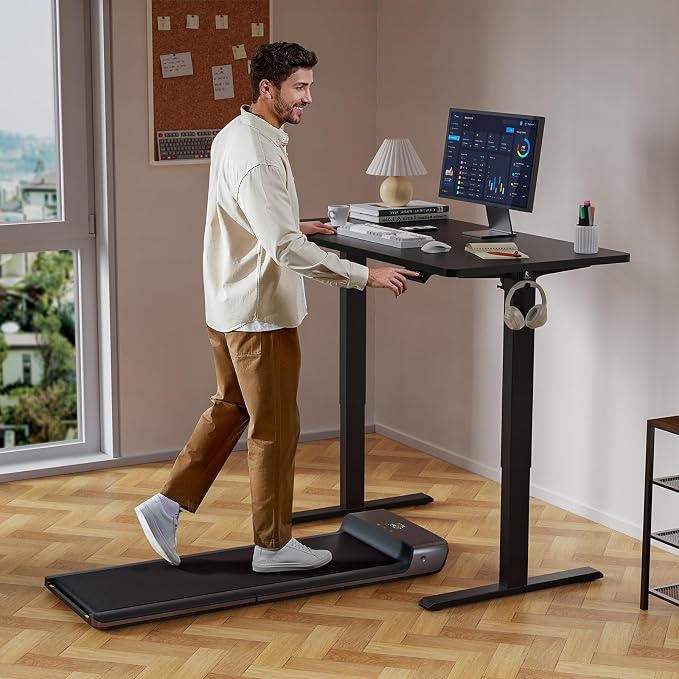 WALKINGDESK 55x24 Inches Height Adjustable Electric Standing Desk with 2 Hooks for Home Office, Ergonomic Sit Stand up Desk with Splice Board, Black