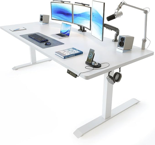 FEZIBO 71 x 37 Inch Standing Desk with Integrated Dual-Beam, Cable Management, 3 Memory Height Adjustable Computer Desk for Home Office Workstation, 1" Thick Large 3-Piece Desktop White