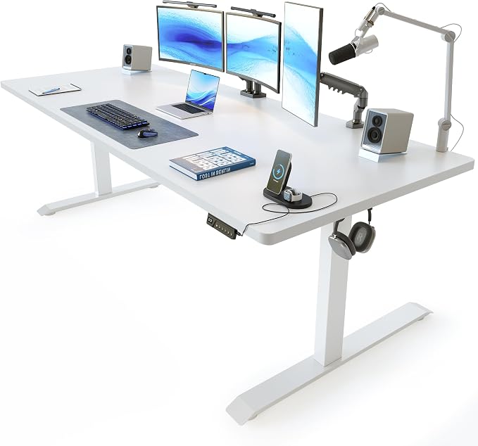 FEZIBO 71 x 37 Inch Electric Standing Desk with Integrated Dual-Beam & Cable Management, Memory Height Adjustable Computer Desk for Home Office Workstation, 1" Thick Large 3-Piece Tabletop White