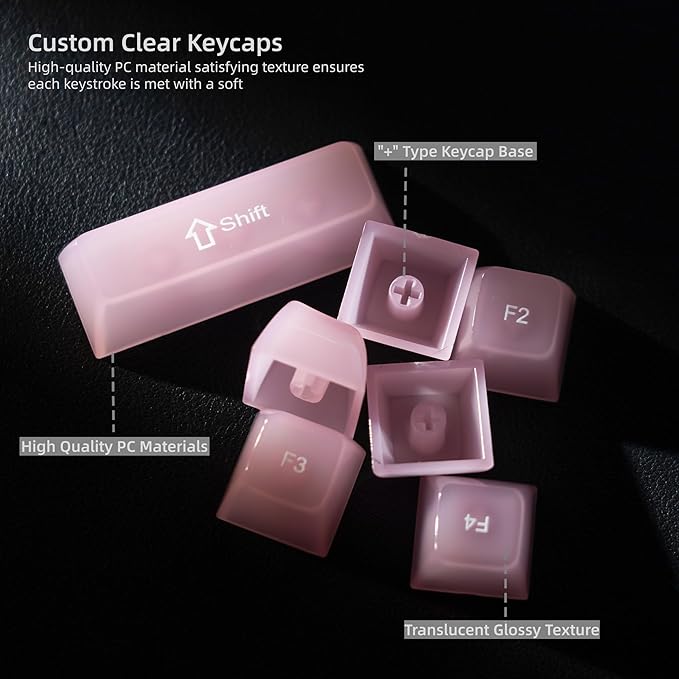 Womier Keyboard Keycaps Jelly, Clear Cute Keycaps, Transparent Pink Custom Key Cap 60 65 75 100 Percent for Cherry MX, Kailh, Outemu, Gateron Mechanical Keyboards(MDA Profile)
