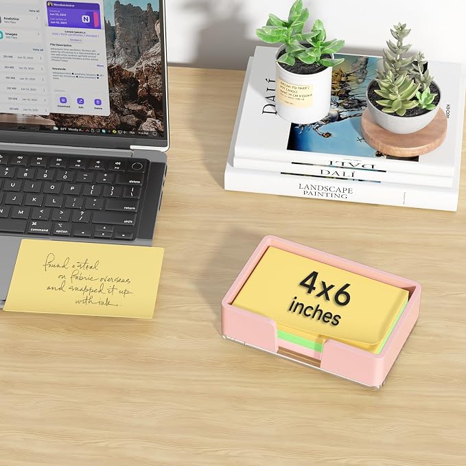 Sticky Note Holder, Pink Acrylic Notepad Holder 4x6 in Self-Stick Note Dispenser Office Desk Accessories, Memo Pad Holder Organizer for Classroom School Supplies