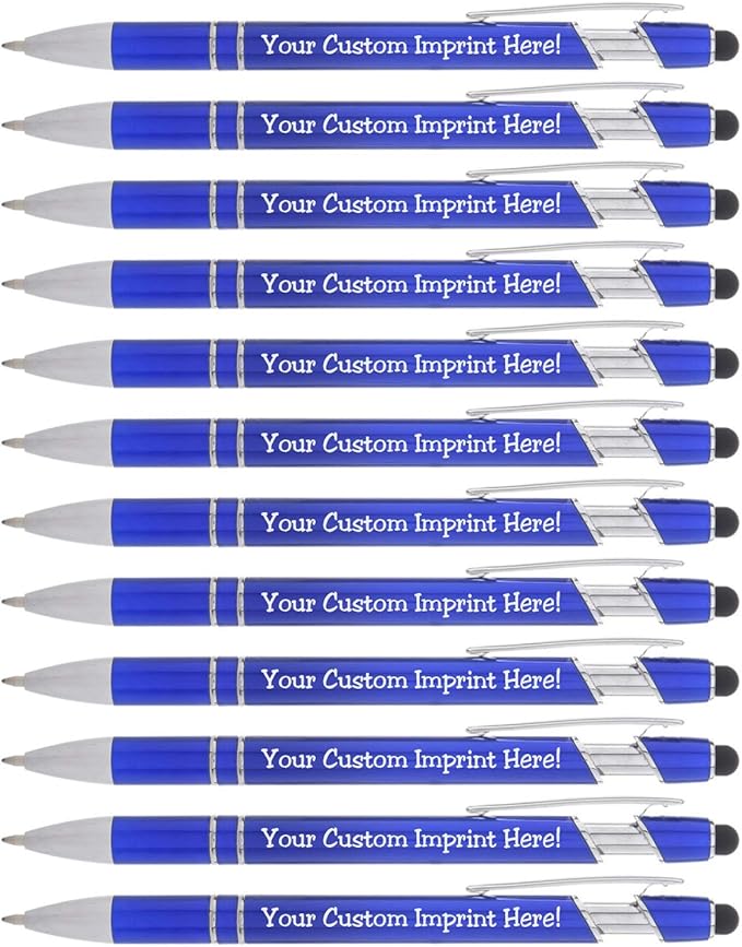 Personalized Pens with Stylus - The Legacy - Custom Metallic Printed Name Pens with Black Ink - Imprinted with Logo or Message - Great Gift Ideas - FREE PERSONALIZATION 12 pcs/pack (Blue)