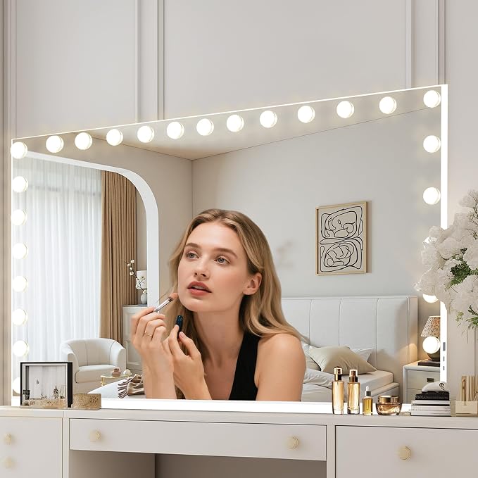Moonee Vanity Mirror with Lights, Hollywood Lighted Makeup Mirror with 24 Dimmable Bulbs and 10X Magnification, 3 Colors Modes, Aluminum Metal Frame, Light Up Mirror for Tabletop/Wall（48" x 30"）