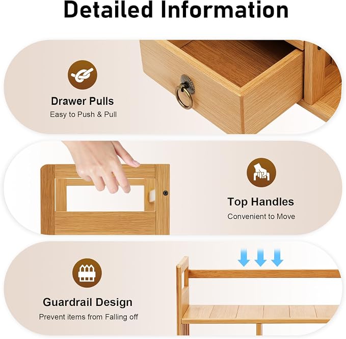 Bamboo Desktop Bookshelf, Desk Organizer Display Shelf with 3 Drawers, Counter Top Bookcase Wood Tone Display Shelf Rack Multipurpose Bookshelf for Home Office