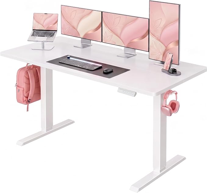 HUANUO 55 x 28 Inch Electric Standing Desk, Height Adjustable Computer Gaming Desk with 4 Memory Presets, Home Office Sit Stand Desk with Hooks & Cable Management, White