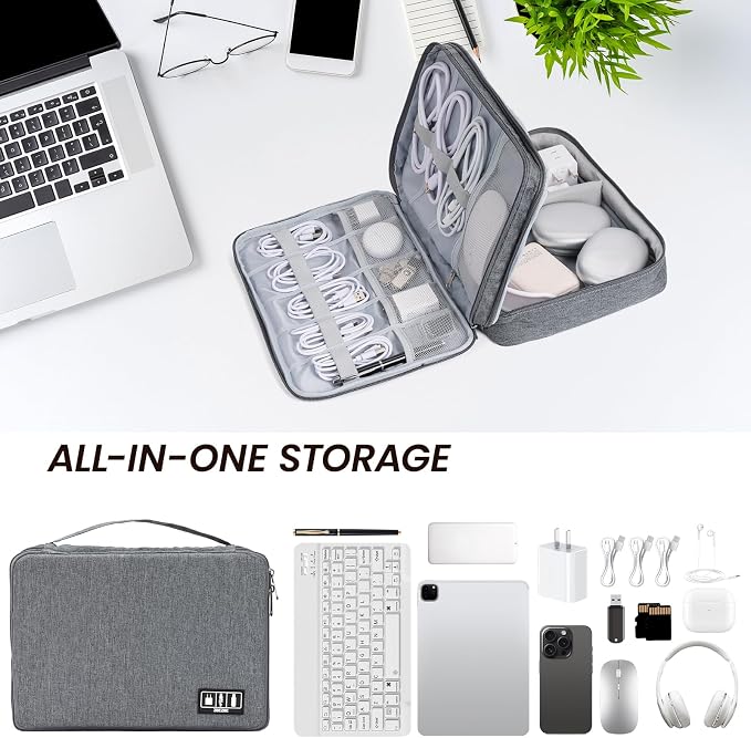 Large Electronic Organizer Travel Case, Double Layer Tech Accessories Bag with 3 DIY Adjustable Dividers, Waterproof Padded Cable Storage Pouch for Camera Gear, Power Bank, Hard Drive, Mouse
