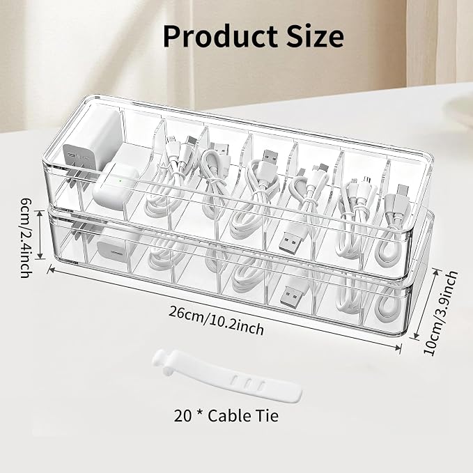 2 Pack Cable Organizer Box with Lid - Stackable Charger Cord Storage Organizer with 20 Wire Ties - Adjustable Compartments Phone Cables Wire Management Box for Drawer Desk Office Home Accessories