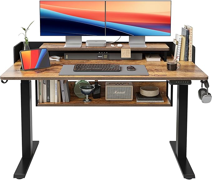 FEZIBO 55" Electric Standing Desk with Shelves, 55x24 Inches Sit Stand Rising Computer Desk with Monitor Shelf, Home Office Desks with Hook, Adjustable Height Stand Up Workstation Table, Rustic Brown