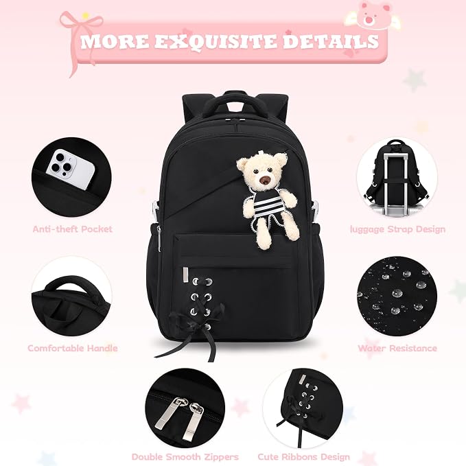 ACESAK School Backpack for Girls - 3 PCS Cute Girls Backpack with Lunch Box & Pencil Case - Kawaii Casual Kids Bookbag School Bag Daypacks Set for Elementary Middle High School Student Teens (Black)