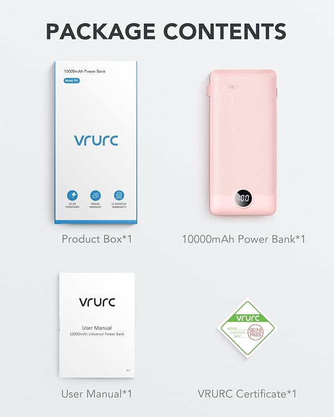 VRURC Portable Charger Built-in Cables and AC Wall Plug,Power Bank 10000mAh | Travel Essentials Phone Charger Compact Lightweight External Battery Pack For Smart Phones, Tablets etc-Pink
