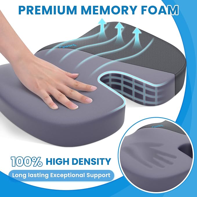 TushGuard Seat Cushion for Office Chair, Memory Foam Chair Cushion, Gray | Office Chair Cushion for Car, Airplane - Chair Pad for Long Sitting Sciatica, Hip, Coccyx,Tailbone Pain Relief, Butt Pillow
