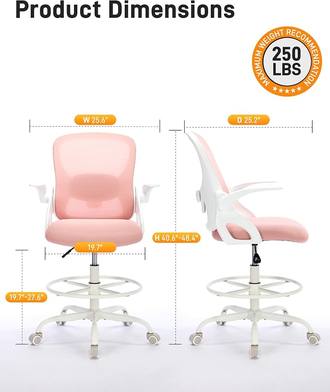 LukkDys Drafting Chair with Arms, Tall Office Chair for Standing Desks | Ergonomic lumbar pad, breathable mesh and foot ring support forward-leaning posture for sewing, crafts and daily studio work.