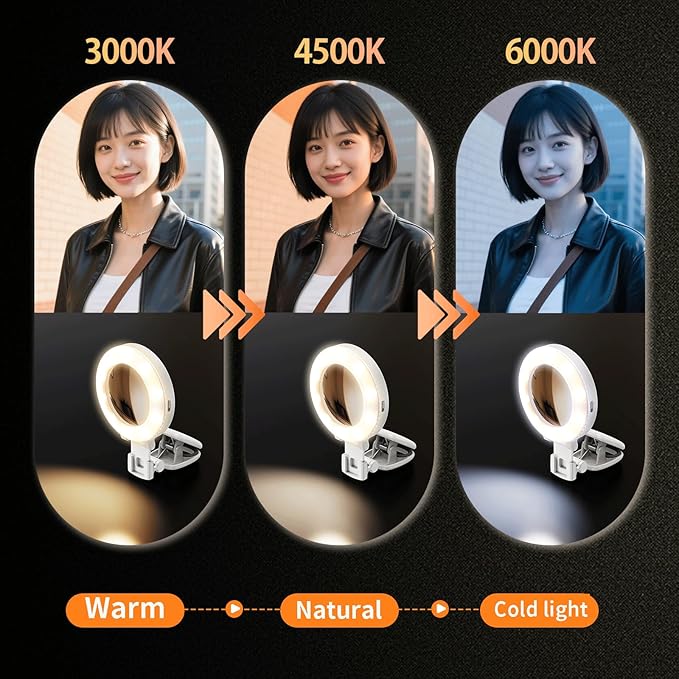 Portable Ring Light for Phone with Mirror, Foldable Clip-On Selfie Light for iPhone, Webcam, Vlog, TikTok, 3 Colors & 9 Brightness, Rechargeable LED Light for Video Recording and Makeup