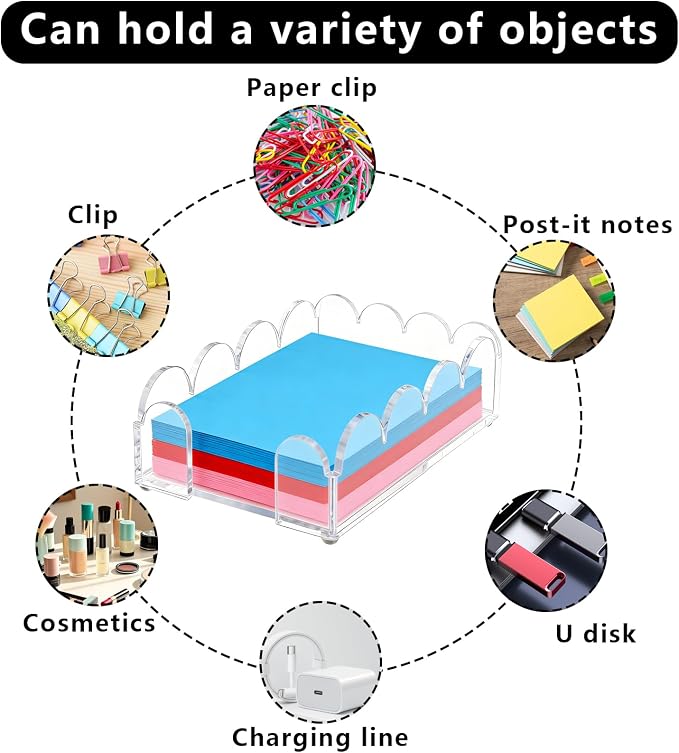 Acrylic Sticky Note Holder 4x6 Inch Clear Scalloped Sticky Notes Dispenser Cute Self-Stick Note Pad Organizer Desk Accessories for Office School Home