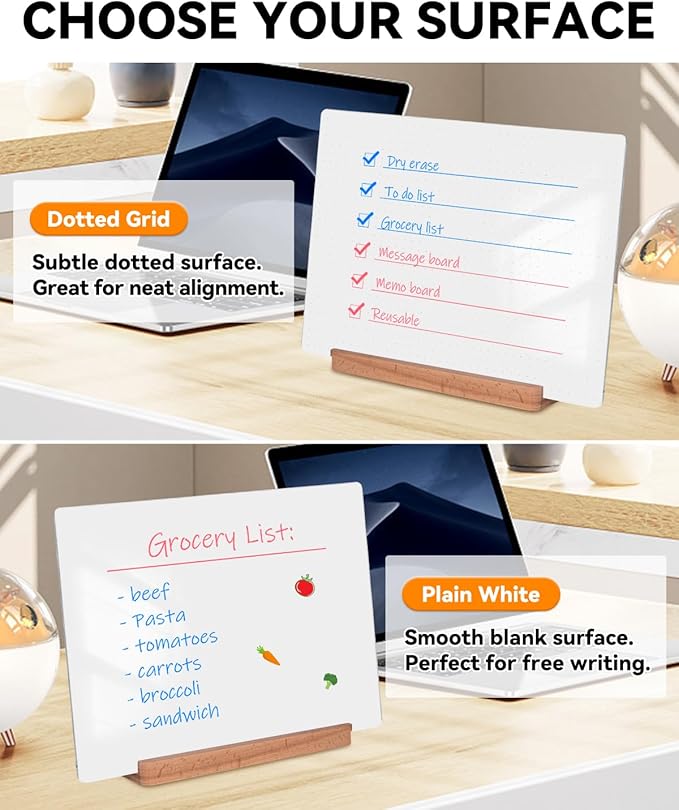 Dry Erase Acrylic Whiteboard 9x12 – White Surface or Dotted Grid – Desktop Writing Board with Wood Base – Reversible Horizontal & Vertical Display (Dotted Grid)