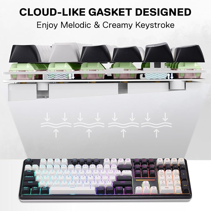Redragon K745 PRO Wireless Gasket RGB Gaming Keyboard, 108 Keys Mechanical Keyboard w/Extra 4 Hotkeys, Hot-Swap Socket, 5-Layer Noise Dampening, See-Through Round PBT Keycaps, Mint Mambo Switch