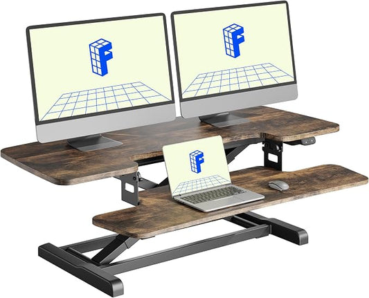 FLEXISPOT 40" Electric Standing Desk Converter, Motorized Sit to Stand Desk Riser, Height Adjustable Desktop Dual Monitor Workstation with Large Keyboard Tray, Rustic Color