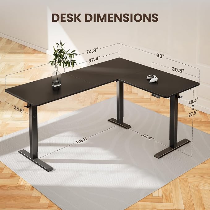 ErGear 75" x 63" L Shaped Standing Desk Electric Adjustable Height, Black | Left & Right Interchangeable Installation, 4 Memory Presets, One-Touch Control, Stable Steel Frame,220 lbs Capacity