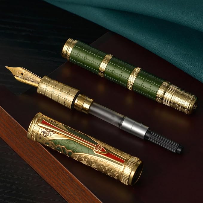 Hongdian D5X Fountain Pen Green Medium Nib, Qin Dynasty Retro Chinese Totem Engraving Smooth Writing Pen with Converter and Pen Box Set