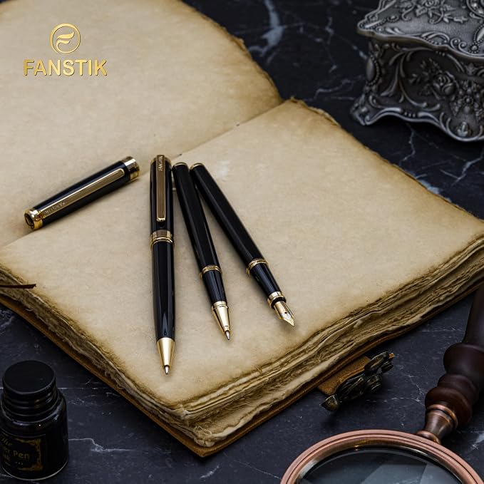 FANSTIK Black & Gold Luxury ballpoint Pen, fancy gift set for women, Real 24K Gold Plating, Professional executive pen gift set for men (Lux BallPoint Black-Gold)