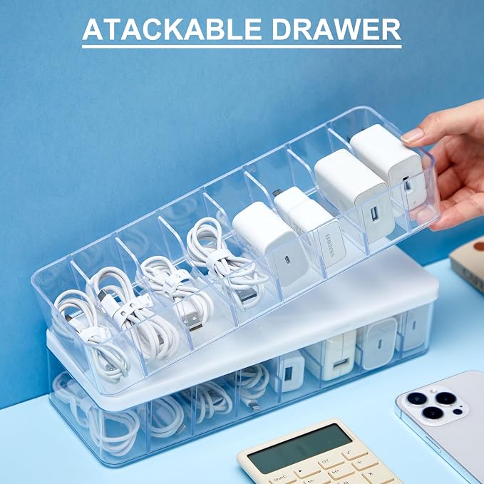 Tatuo 4 Pcs Cord Organizer for Drawer Desktop, Cable Organizer Box with 8 Compartments and Wire Ties, Plastic Charger Storage with Lid, Electronics Case for Home Office Accessories (Small,Clear,White)