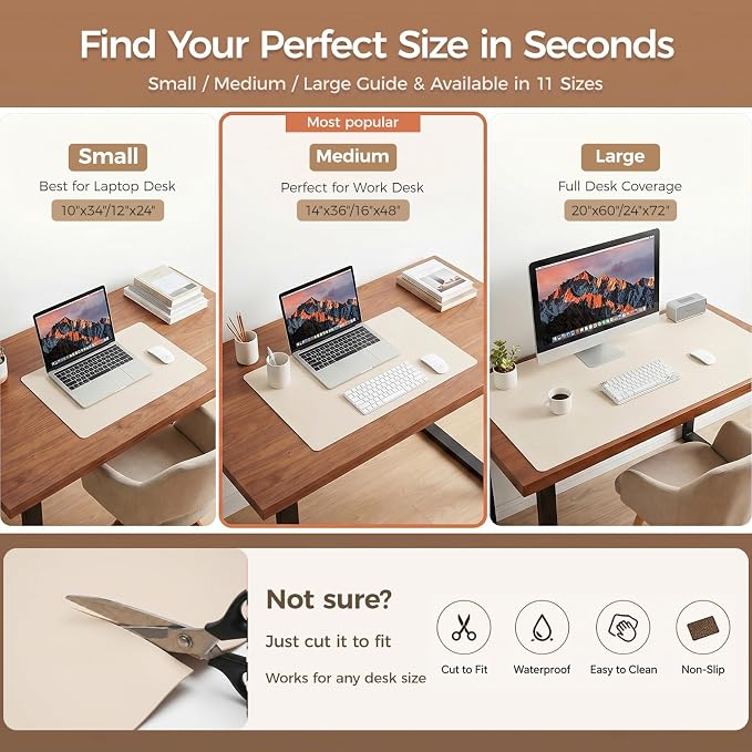 1.6mm Thick Leather 16x36 Inch Non-Slip Mat, Waterproof Countertop Protector, Wide Coffee Station/Large Office Desk Pad, Creamy White