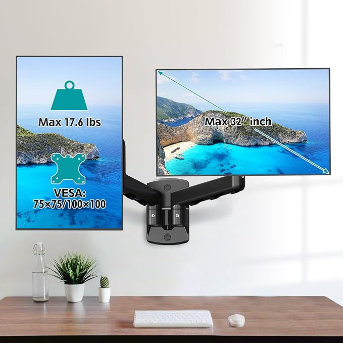 Dual Monitor Wall Mount for 13-32" Computer Screens | Holds Up to 19.8lbs Each Monitor Mounts for 2 Monitors, Full Motion Gas Spring Monitor Arm with VESA 75x75/100x100
