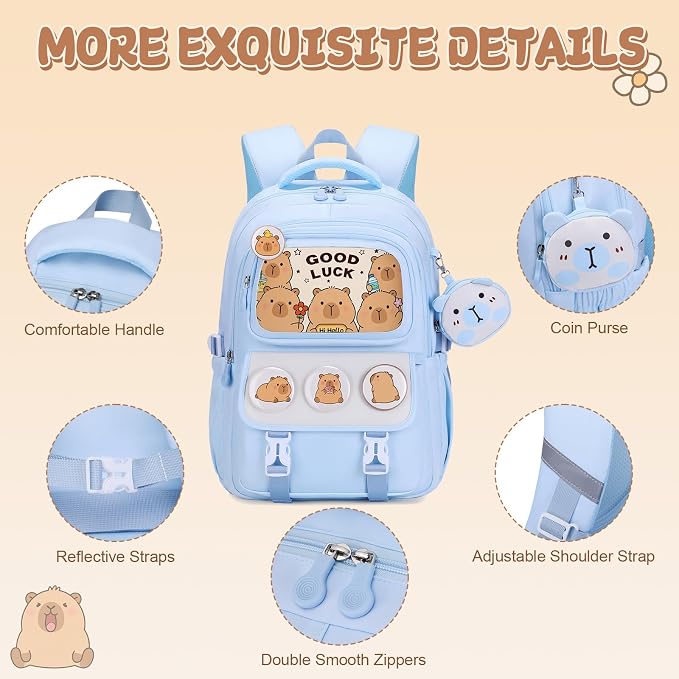 Capybara Backpack for School Girls, 30PCS Capybara Gifts School Supplies Stationery Set with Lunch Box Pencil Case Pens Pencils Notebook Cartoon for Kindergarten Elementary Student(Blue)
