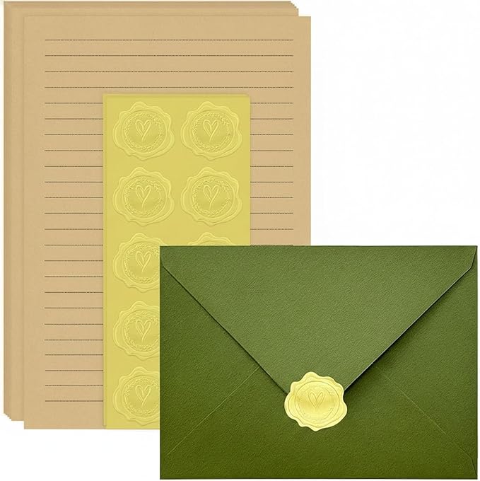 Stationery Set,stationary letter and envelopes 4x6 Envelopes,28 Stationery Writing Papers with 14 Matching Envelopes (Olive Green)