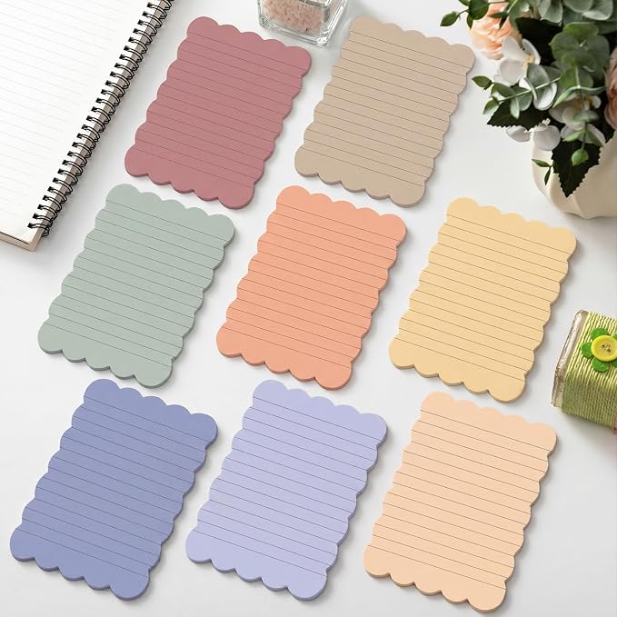 Eaasty 8 Pack Scalloped Sticky Notes Cute Adhesive Memo Pads Vintage Colors Aesthetic Lined Self Stick Note Pads 4" x 6" Pretty Wavy Sticky Notes Bulk 240 Sheets for School Office Supplies