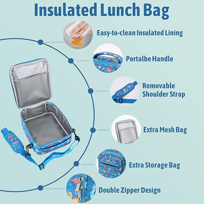 Kids Bento Lunch Box with Thermo Leak-Proof Snack Lunch Containers with Insulated Lunch Bag Utensils Set Back to School Supplies Gifts for Boys and Girls Toddlers Kindergarten Lunch Accessories Blue