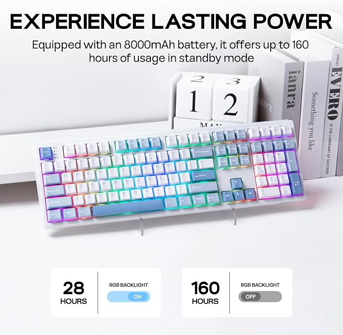 EPOMAKER TH108 Full Size Mechanical Keyboard, Wireless Gaming Keyboard with 8000mAh Battery, Creamy Gasket, 108 Keys, Hot Swap, Custom Driver, RGB Backlight (Blue&White, Creamy Jade)