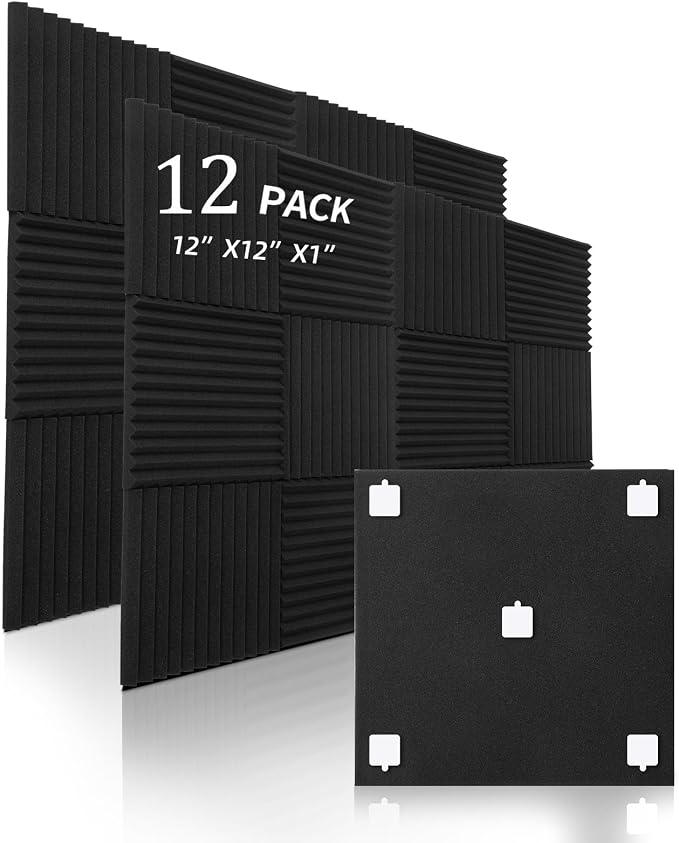 12 Pack Sound Proof Foam Panels,12"×12"×1" Acoustic Foam Panels, High Density Soundproof Wall Panels for Home Office Recoding Studio,With 250PCS Adhesive Stickers (Black, 12 Pack)