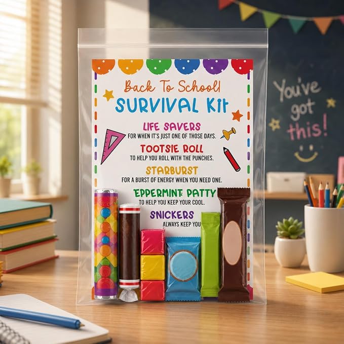 30 PCS Back to School Survival Kit,3.5x5 Inch Teacher Gift Insert Cards for Students,Back To School Student Treat Tags,First Day of School Classroom Welcome Supplies-BTSC02