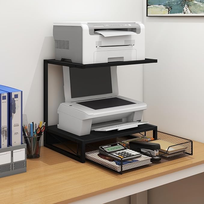 ELITEROO 2-Tier Printer Shelf with Drawers, Wooden Desk Shelf for Printer | Small Printers Shelf for Office Supplies, Desktop Storage Rack for Books, Folders, Scanner, Fax Machine, 3D Printer, Black