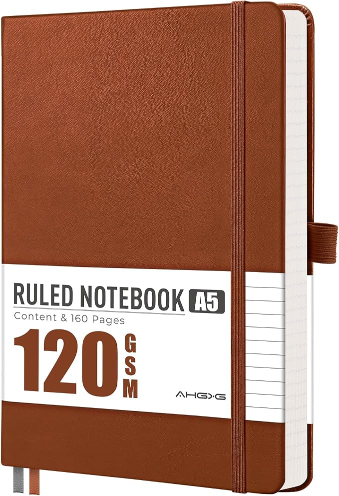 AHGXG Lined Journal Notebook, 160 Numbered Pages, A5 Medium Size (5.7'' x 8.3''), 120 GSM Thick Paper, for Men & Women, Journaling, Writing, Work & Office, Leather Hardcove (Brown)