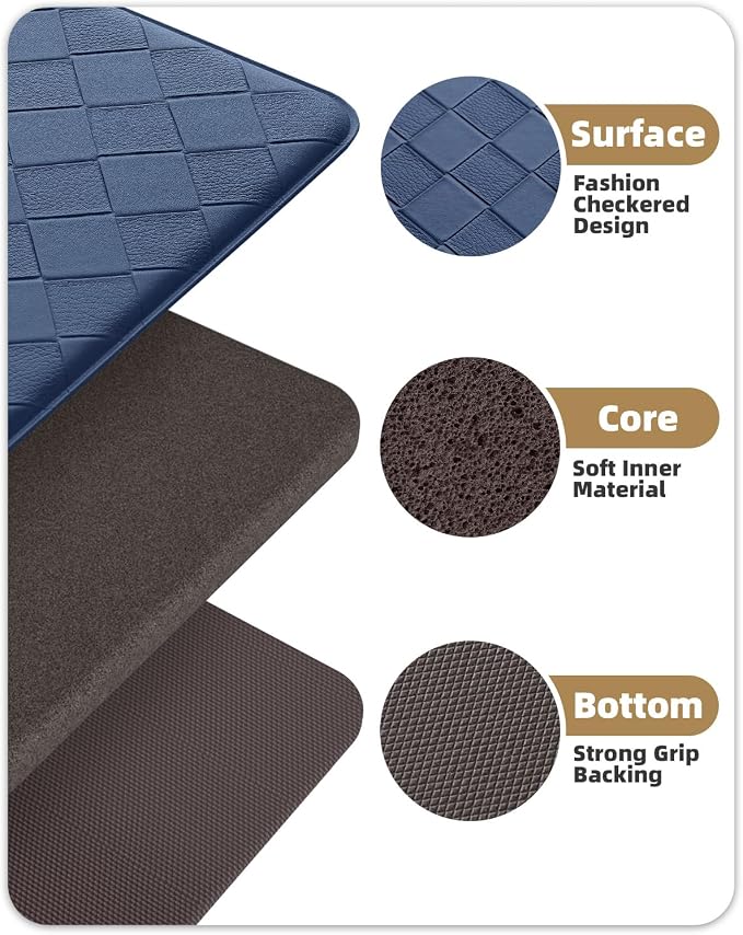 Color&Geometry Checkered Narrow Kitchen Floor Mat Anti Fatigue 17x47, Blue | Waterproof & Oil Proof, Easy Clean PVC Kitchen Rug For Busy Family, 0.4in Thick Cushion For Long Standing, Non Slip