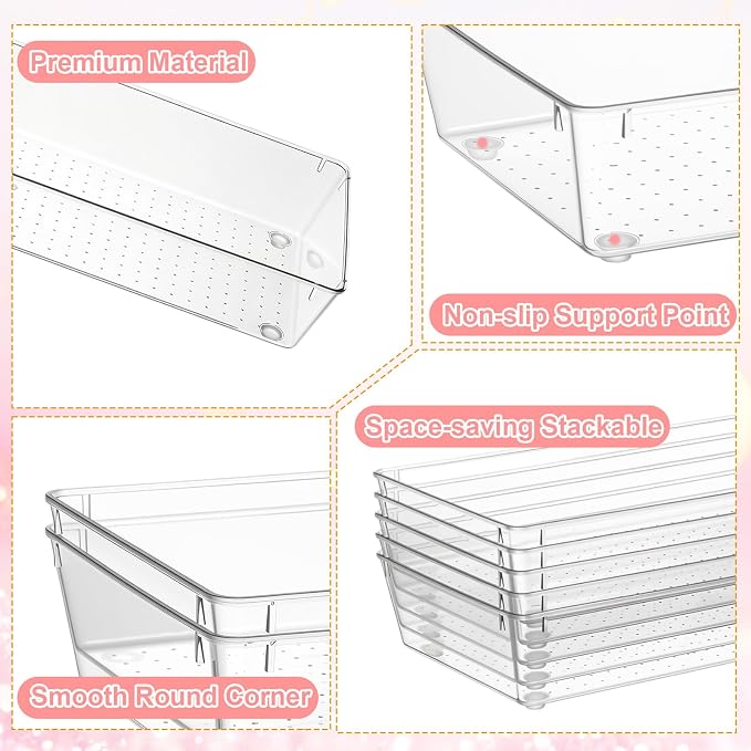6 Pack Clear Plastic Drawer Organizer Tray 15 x 6 x 2 Inch Large Clear Drawer Organizer Set with Non-Slip Silicone Pads Stackable Drawer-Organizer Traysfor Makeup, Bathroom, Kitchen Utensils, Office,