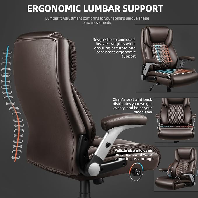VITESSE 600lbs Big and Tall Office Chair with Flip up Armrest, Large Heavy Duty with Ergonomic Lumbar Support, Executive Office Chair for Heavy People with Rubber Wheel(Brown)
