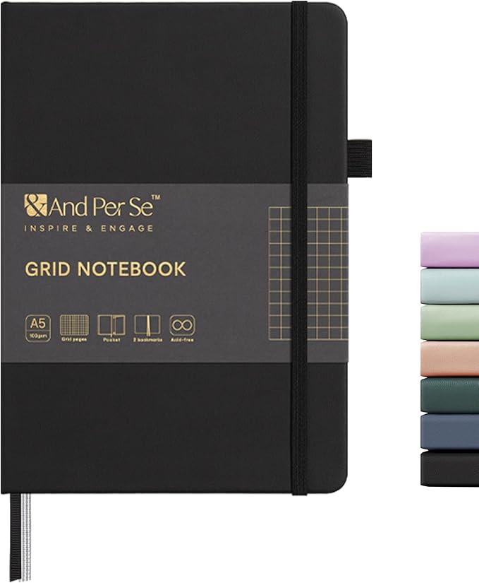 &And Per Se Graph Notebook, 5mm Grid, A5 Hardcover, 160 Pages 100gsm Thick Paper, Grid Journal for Diagrams, Wireframes, CAD Sketches (Black)